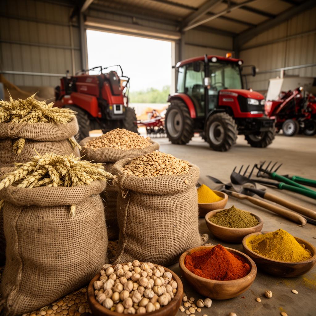 Sacks of grains and agricultural commodities in a trading warehouse