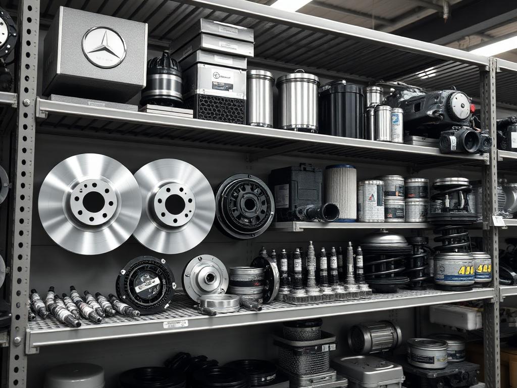 OEM automotive parts including brake discs, filters and engine components on warehouse shelving