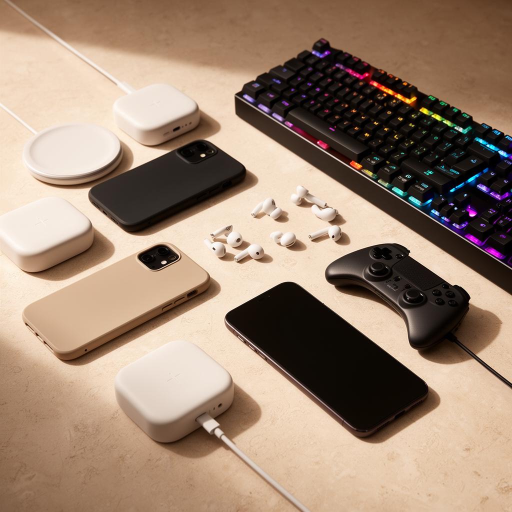 Gaming keyboard, controllers and headset — electronics sourcing