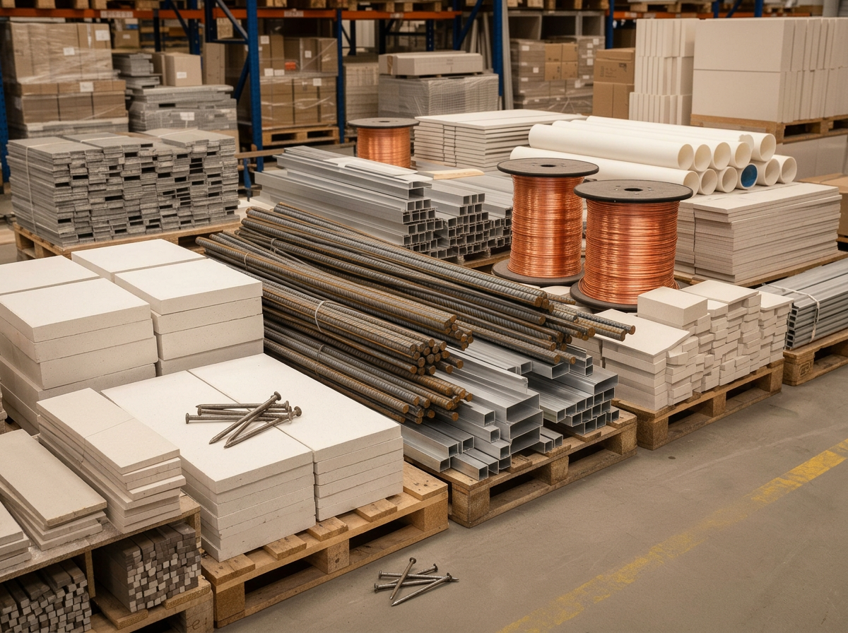 Stacked steel beams and industrial building materials in a warehouse